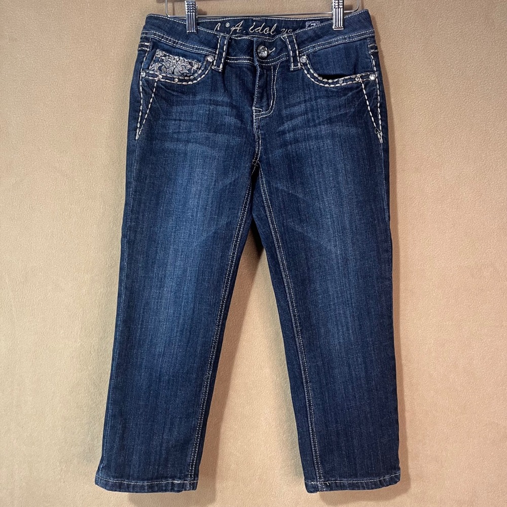LA Idol Women's Dark Wash Y2k Rhinestone Embellished Capri Jeans Sz7 W30 L18 EUC
